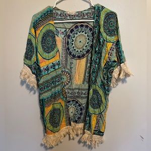 Beautiful colorful patterns ends crocheted and fringed kimono/ cardigan.One size